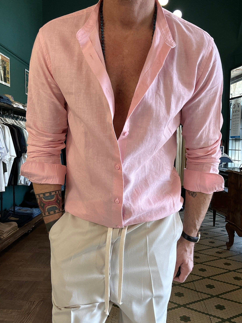 Camicia 100% lino collo coreano