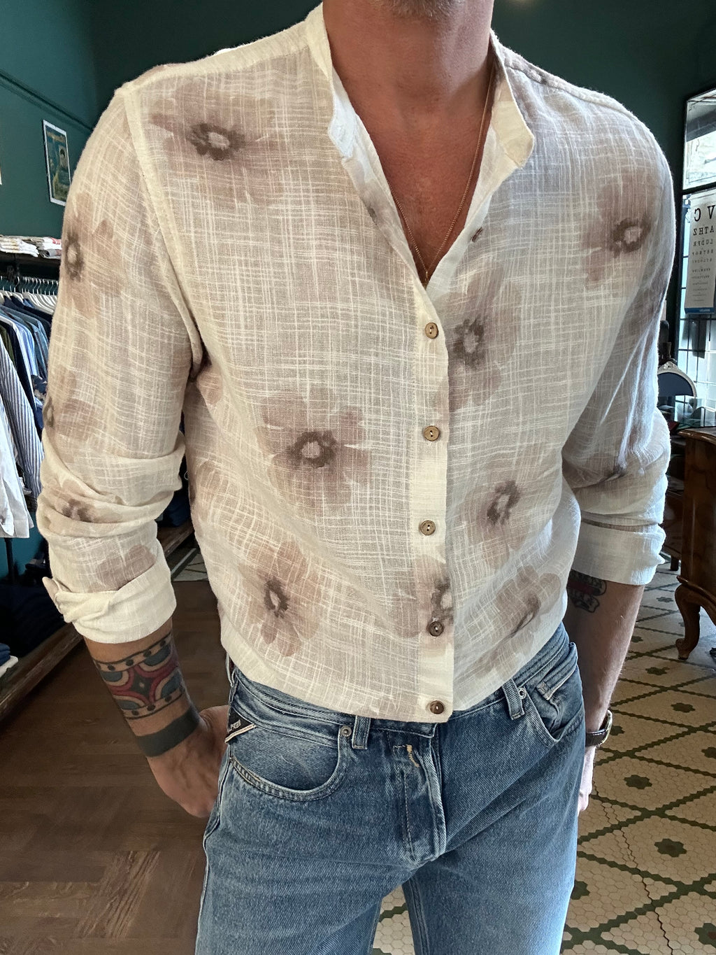Patterned Korean collar shirt in brushed cotton