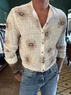 Patterned Korean collar shirt in brushed cotton