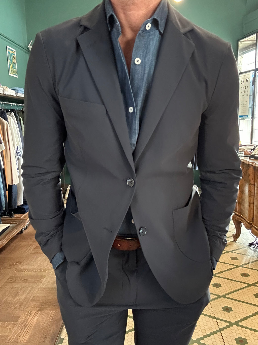 Abito no-stiro blu tessuto tecnico