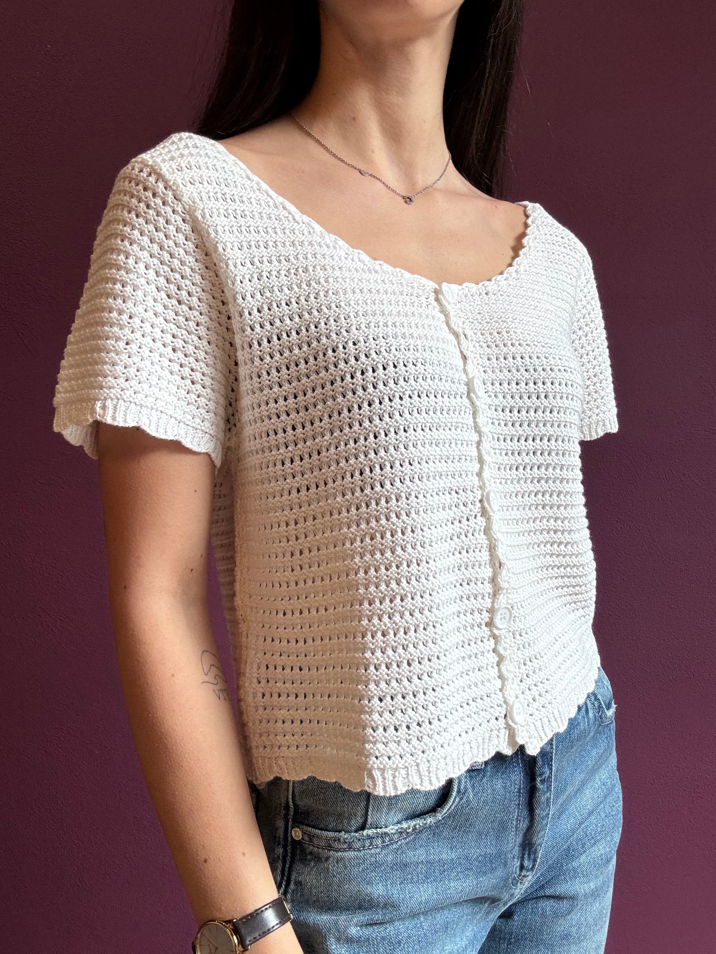 Cardigan crop crochet bianco
