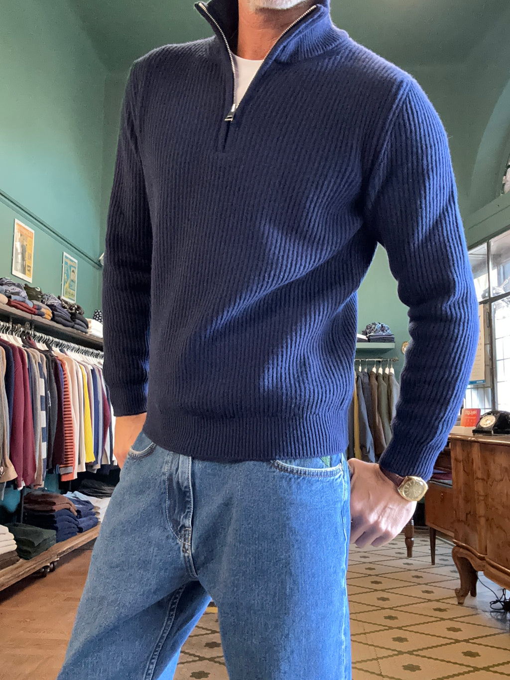 Maglione “Matteo” mezza zip a costa inglese