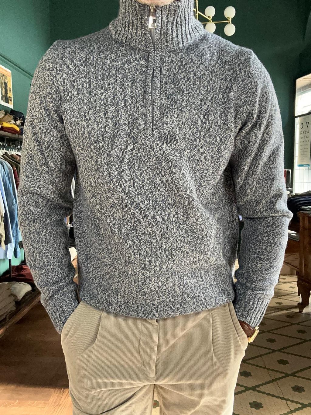 Melange-Strickjacke mit halbem Reißverschluss