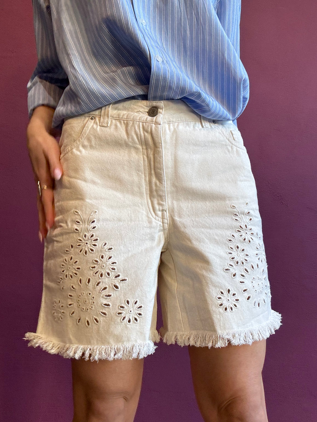 Denim shorts with broderie anglaise embroidery