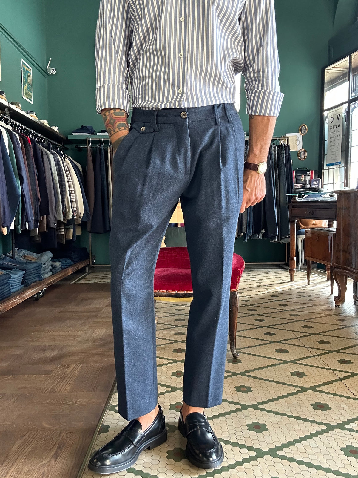 Pantalone Carrot doppia pence mistolana made in Italy