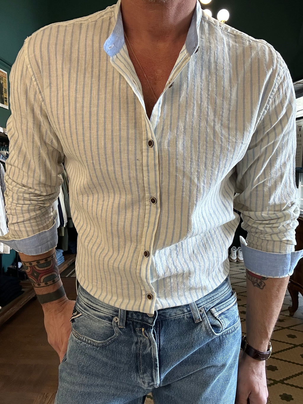 Striped linen blend Korean collar shirt