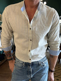 Striped linen blend Korean collar shirt