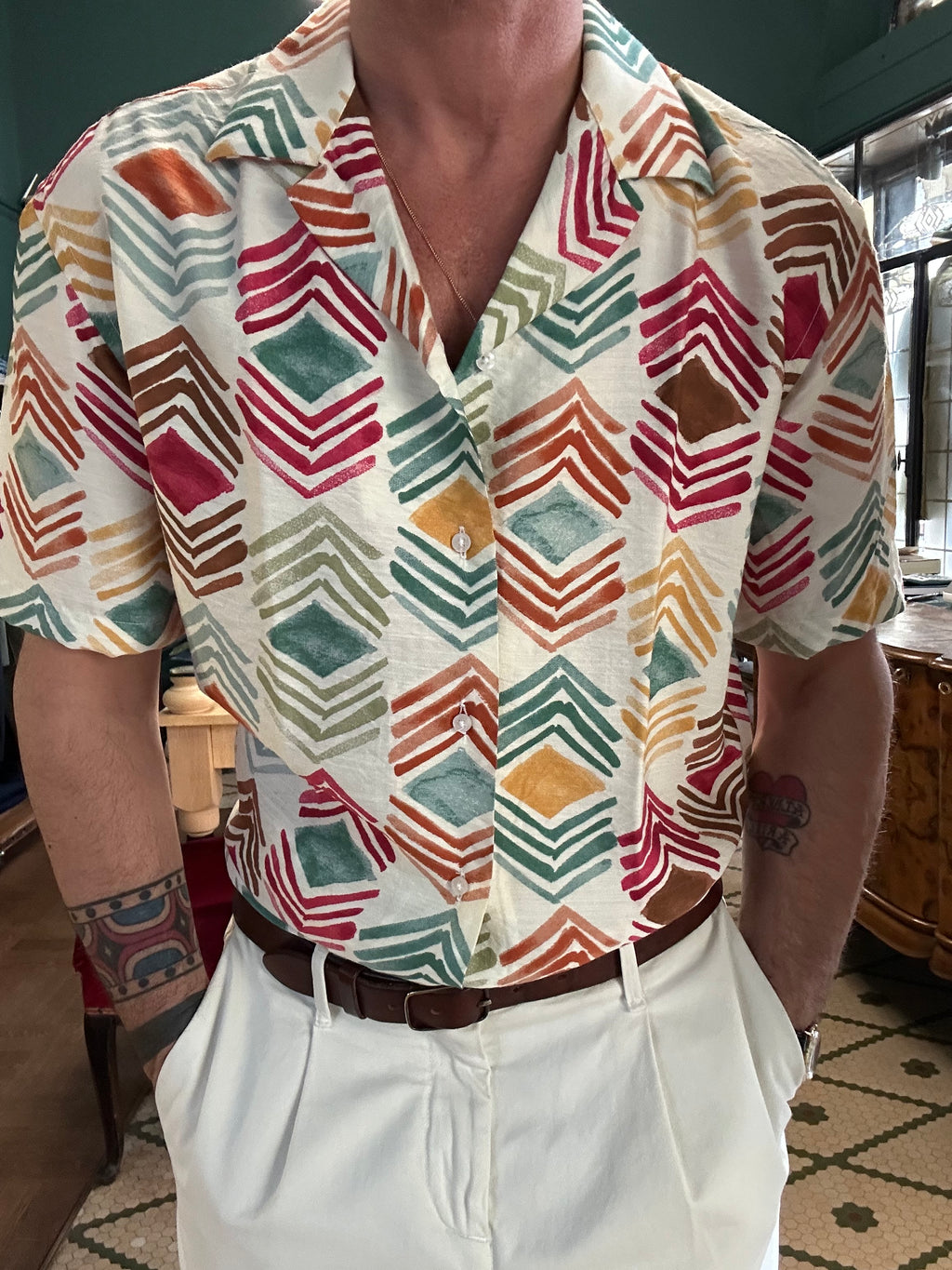Camicia viscosa collo Hawaii aperol