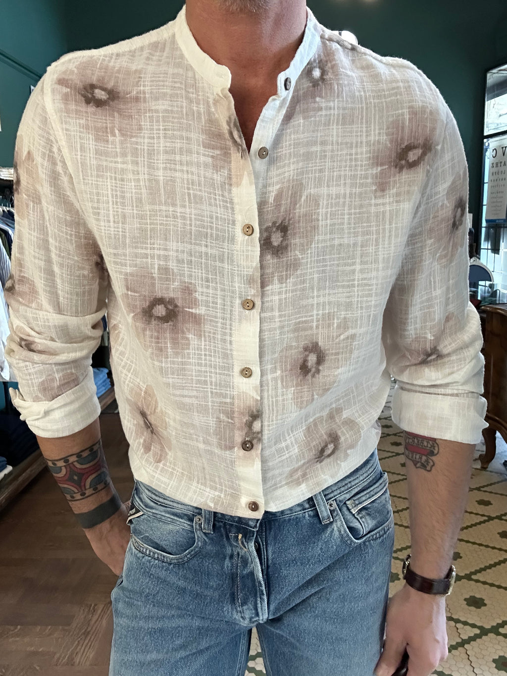 Patterned Korean collar shirt in brushed cotton