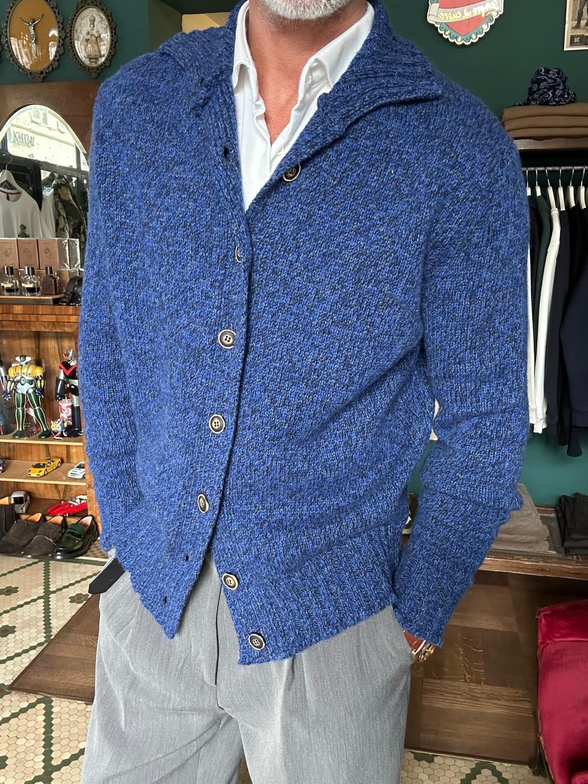 Cardigan garry’s Earth blu in lana Merinos