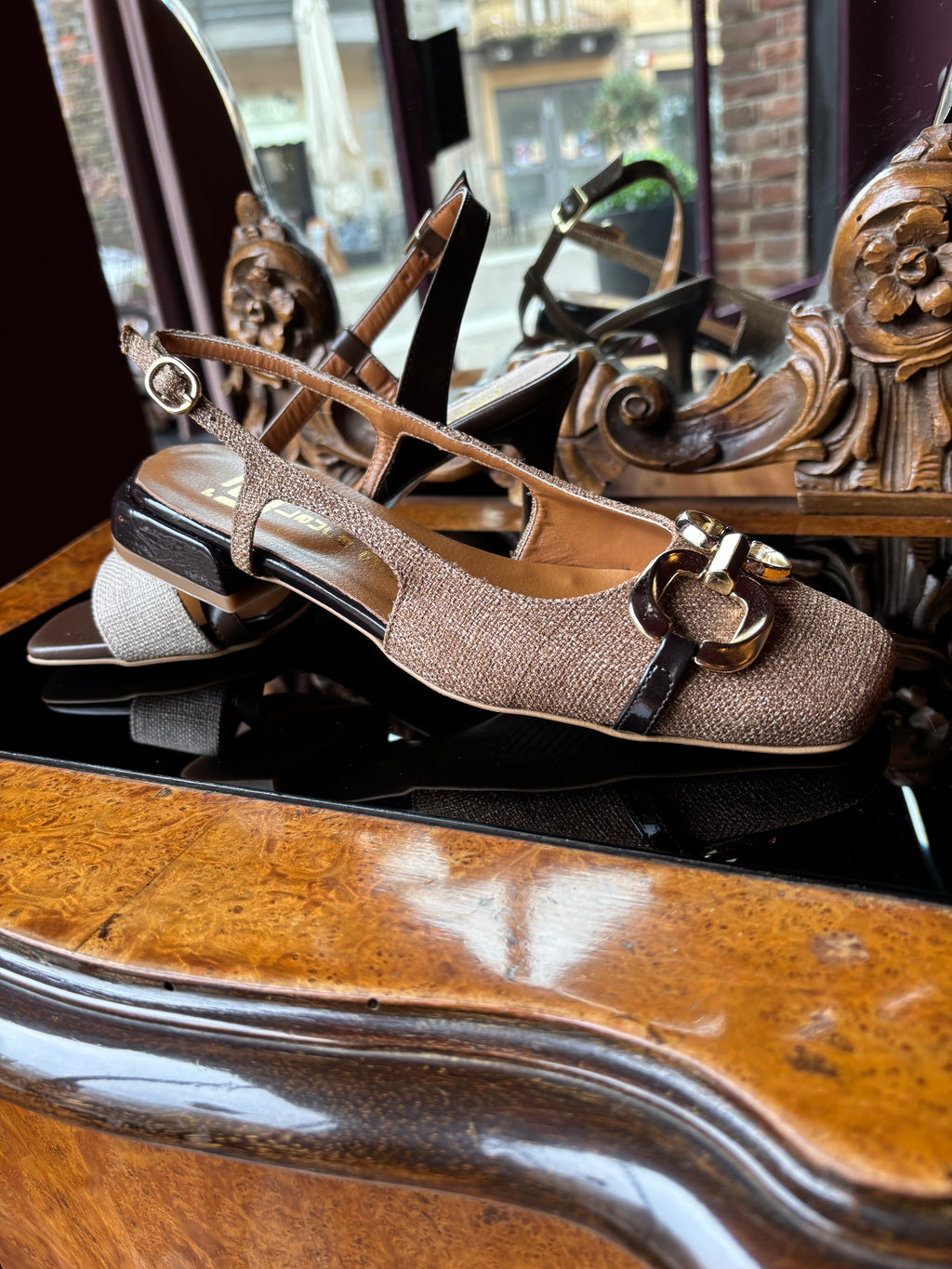 Linen square-toe slingbacks