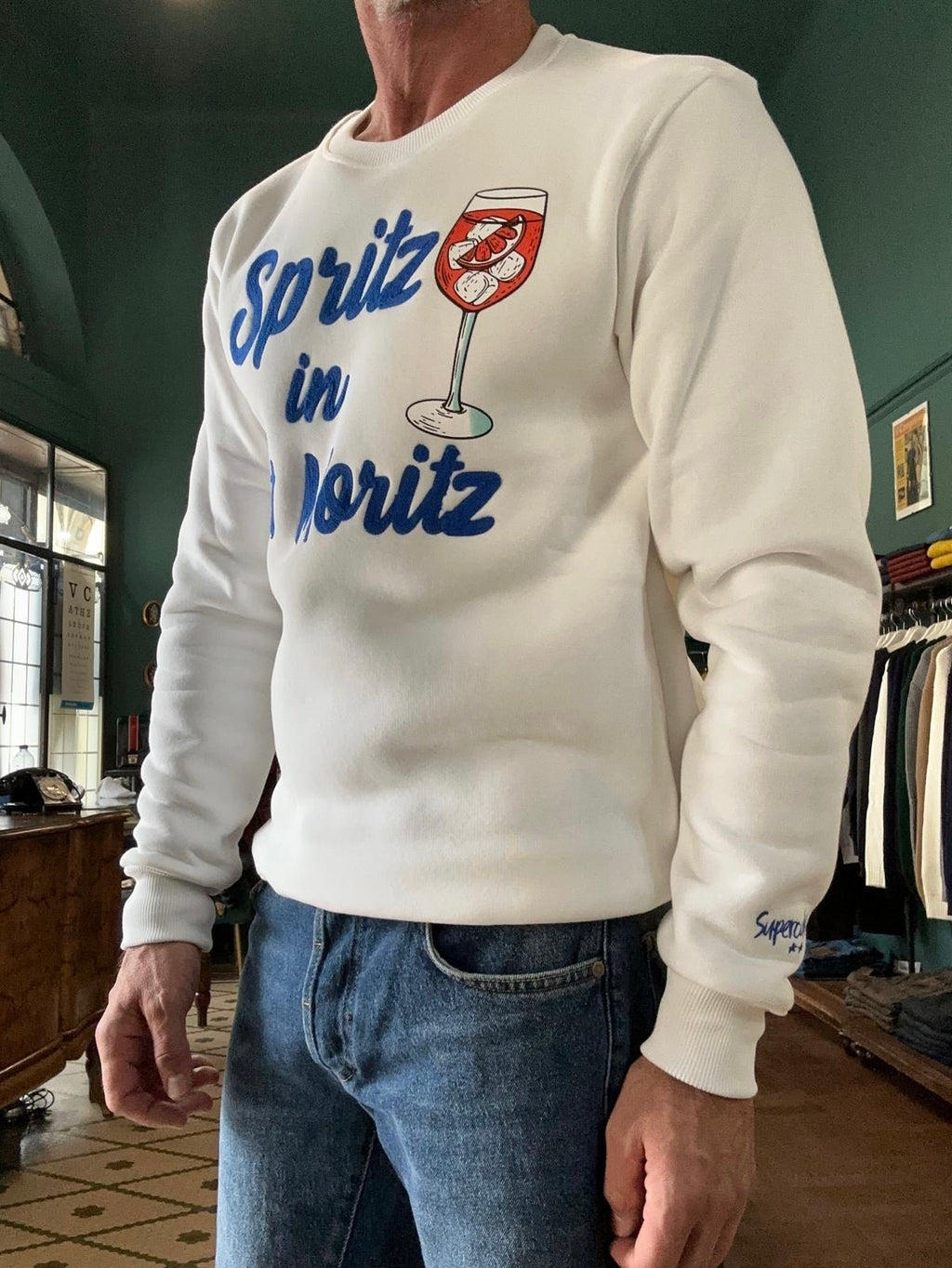 Felpa Girocollo "Spritz in St Moritz" bianca