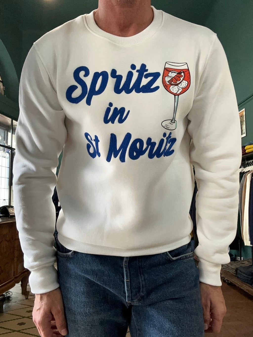 White "Spritz in St. Moritz" Crewneck Sweatshirt