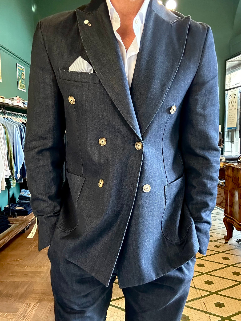 Double-breasted denim suit