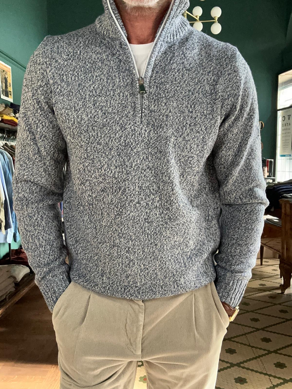 Melange-Strickjacke mit halbem Reißverschluss