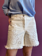 Denim shorts with broderie anglaise embroidery