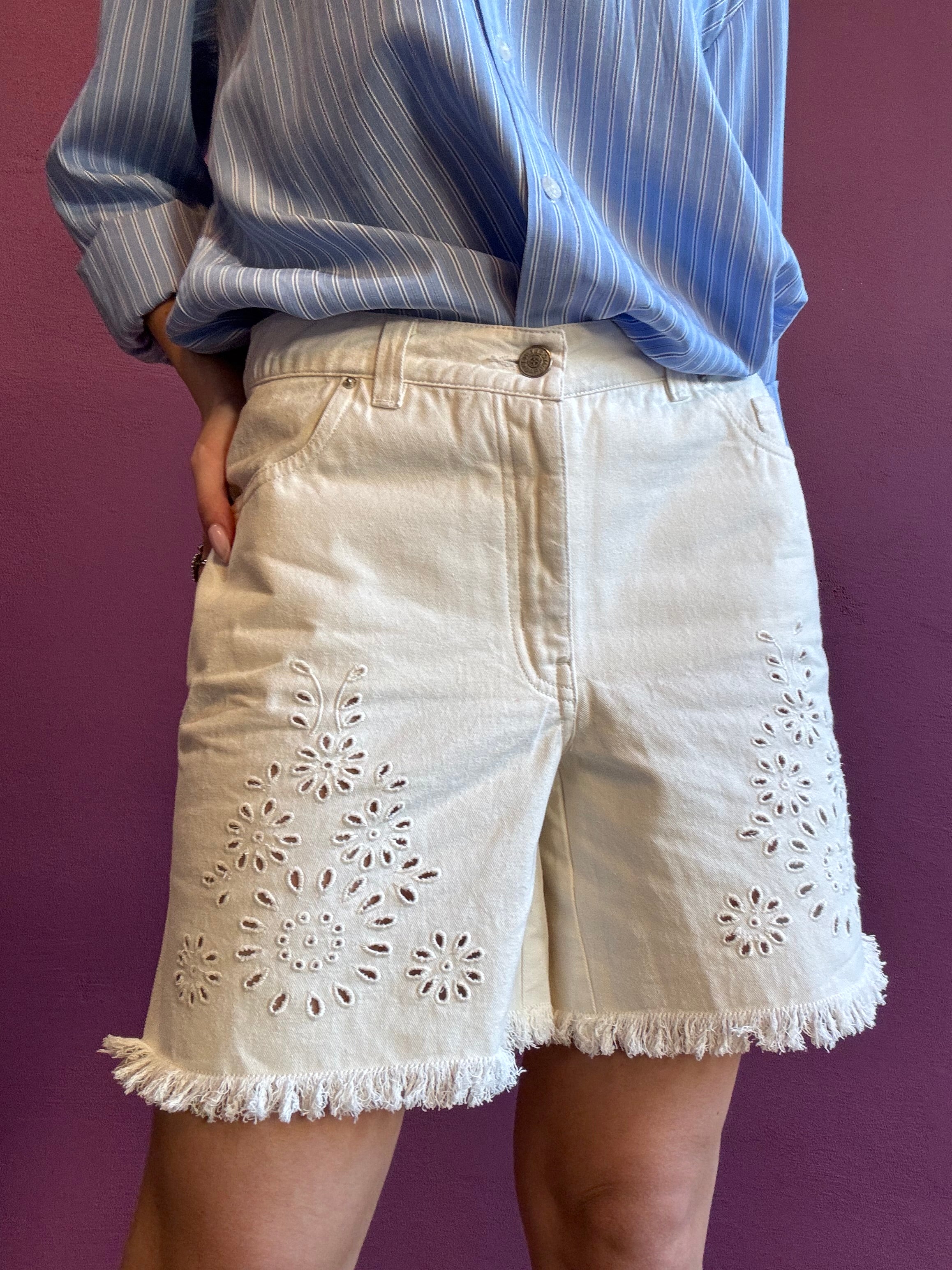 Denim shorts with broderie anglaise embroidery
