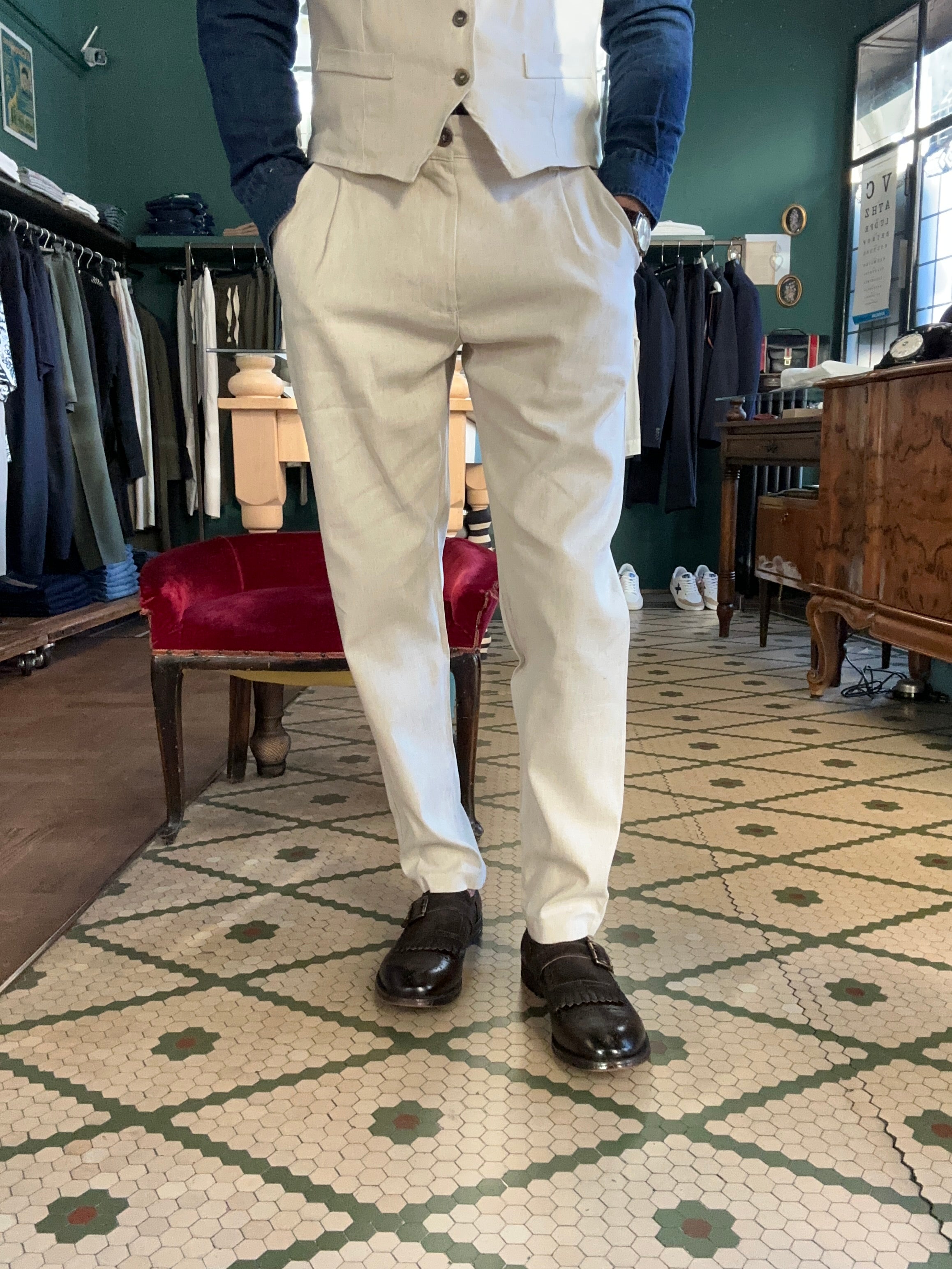 Pantaloni misto lino tessuto fiammato