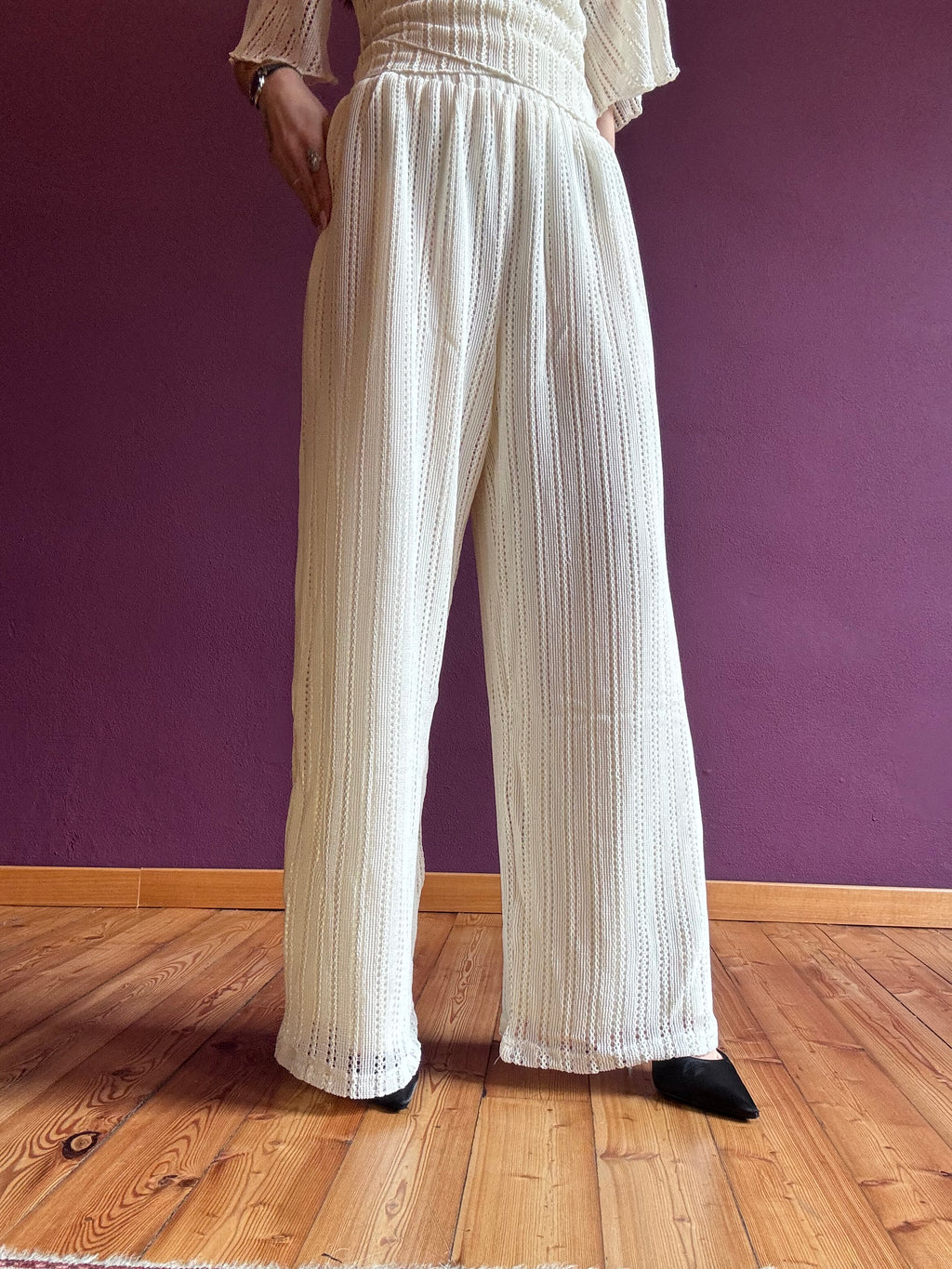 Crochet trousers with elasticated waist