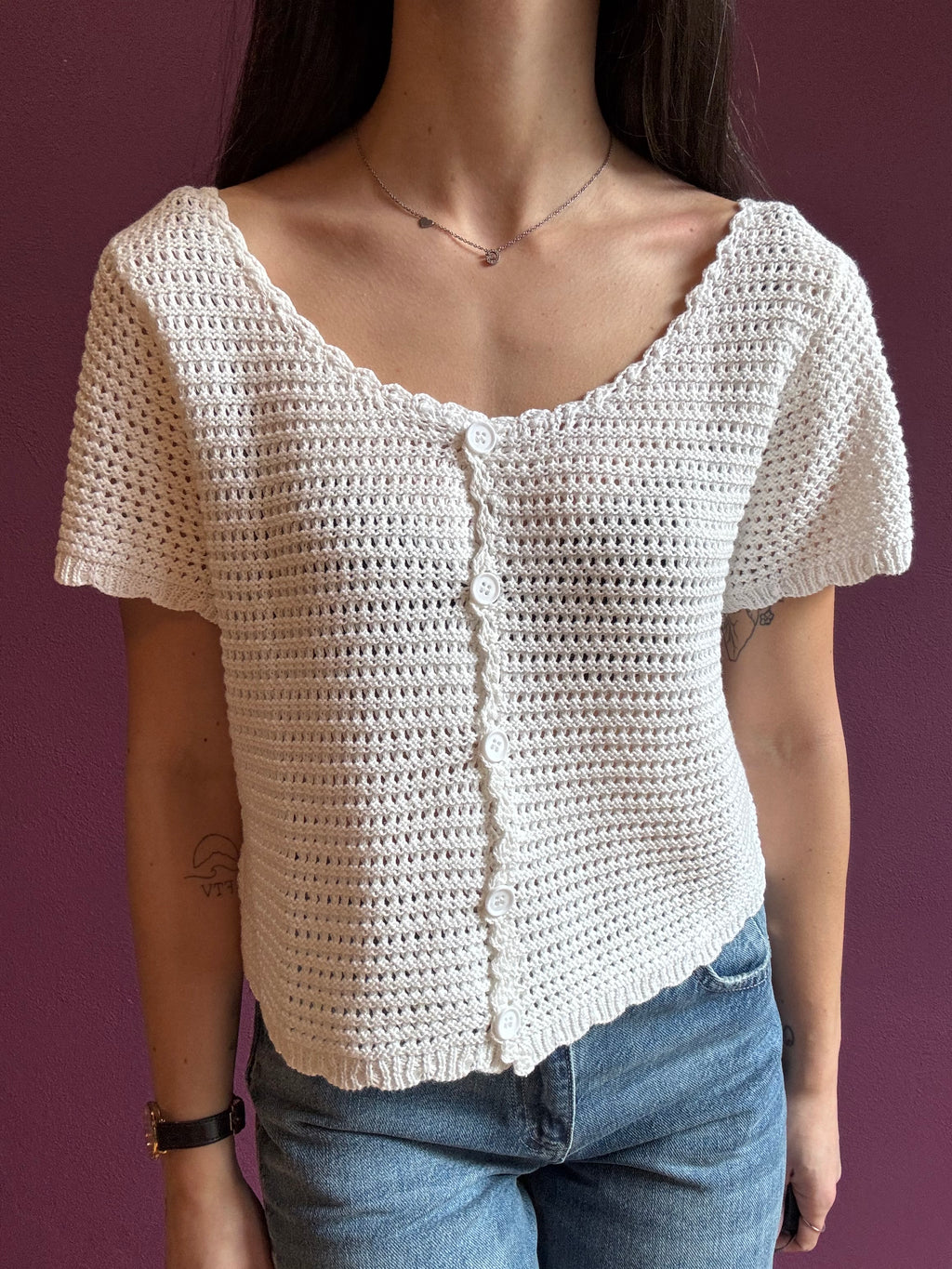 Cardigan crop crochet bianco