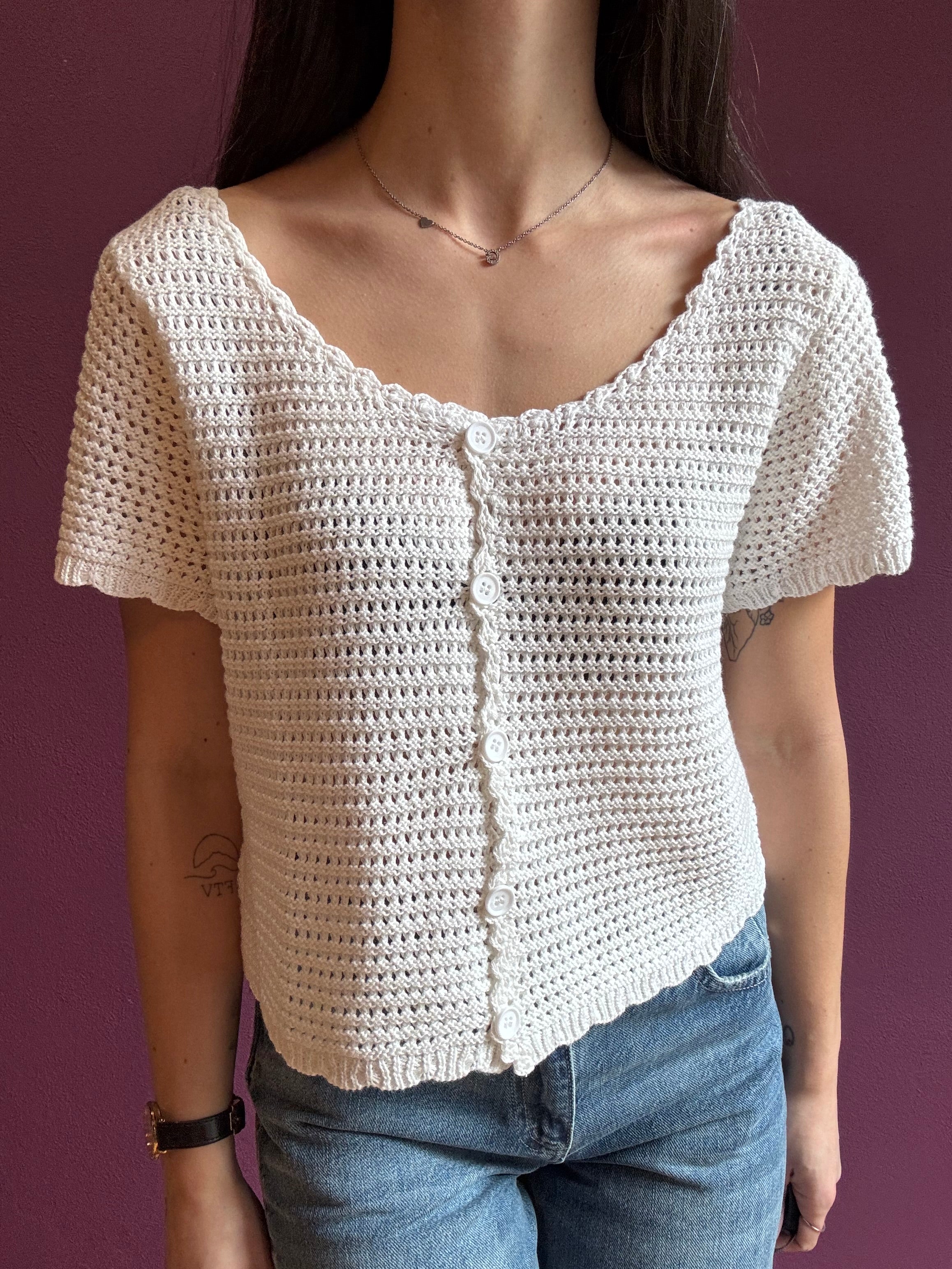 Cardigan crop crochet bianco